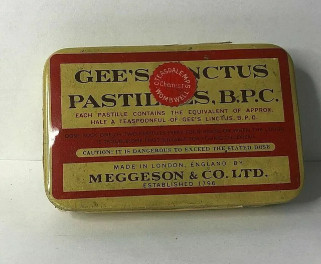 Vintage Gees Linctus Pastilles tin C Teasdale Chemist Wombwell sticker 9 x 6 cm