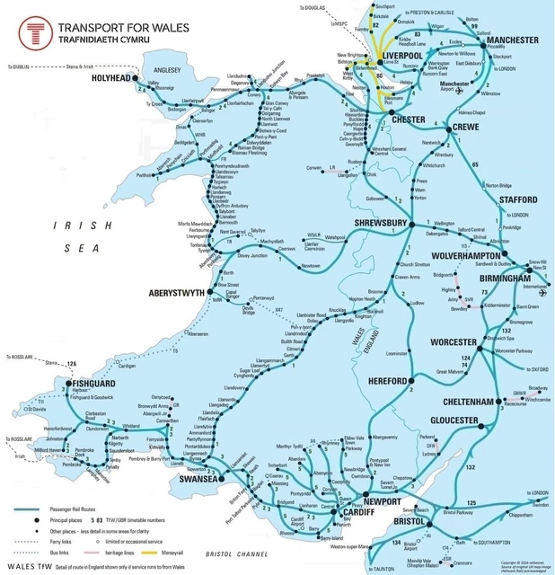 WALES TRAIN MAP (TfW RAIL NETWORK) 2024 with TT refs Size A2 (Crop