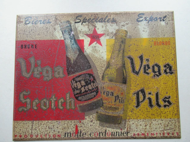 PLAQUE EN TOLE Ancienne Biere Vega Scotch Vega Pils Motte Cordonnier PLAQUE EN TOLE Ancienne Biere Vega Scotch Vega Pils Motte Cordonnier
