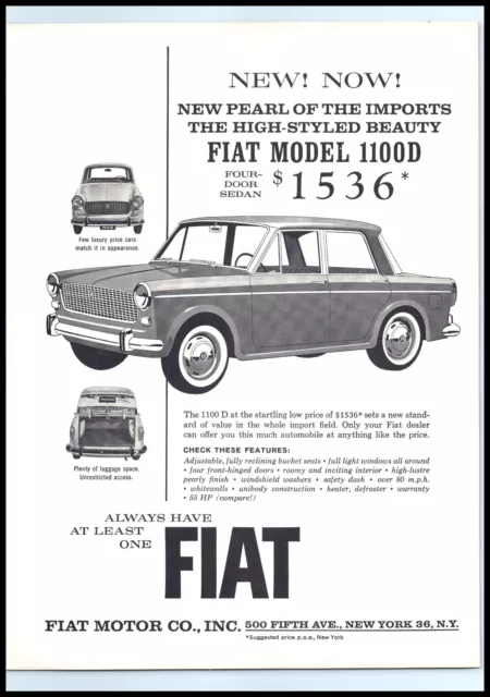 1963 Fiat 1100D 4 Door Sedan Vintage Print Ad Italy Italian Car Wall Art