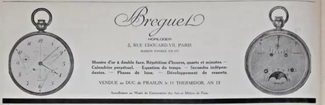 Publicité Presse 1926 Montre Breguet Aiguilles A Cadran Vendue Au Duc De Praslin