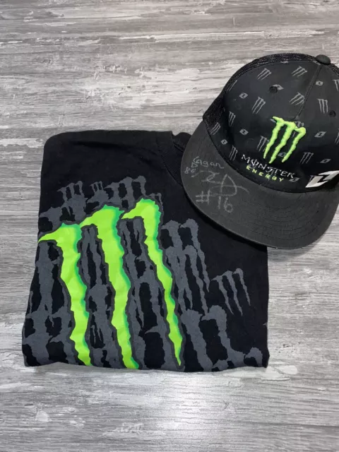 Monster Energy Drink Cam Logo Shirt Black Green Mens Sz L W/ Signed Cap