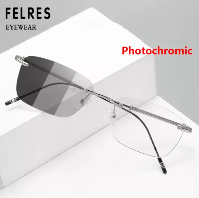 Unisex Metal Rimless Photochromic Myopia Nearsighted Glasses Square Sunglasses