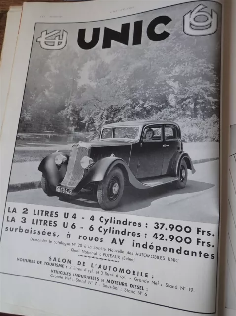 UNIC 2 litres et 3 litres automobile publicite papier ILLUSTRATION AUTO 1934 col