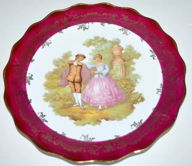 *Assiette Porcelaine Limoges Decor D'apres Fragonard Bord Rouge Marquis D Moreau