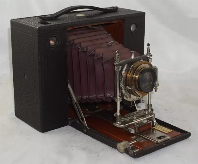 No. 4 cartuchos Kodak modelo E antigua cámara de madera con fuelle rojo y lente de latón