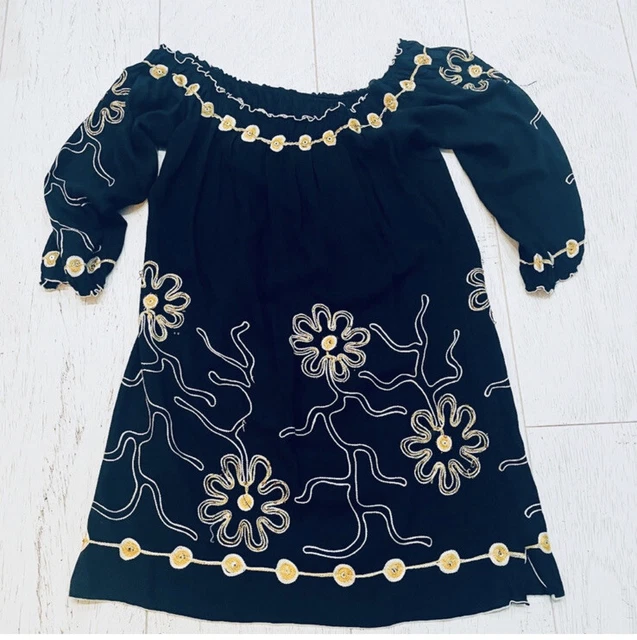 Krista Lee Sz XS Black Floral Embroidered Beaded Bell Dress /Top