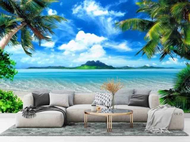 3D Tropical Sky Palm Tree Beach Self-adhesive Removable Wallpaper Murals Wall