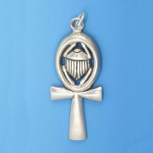 Large Egyptian Ankh Cross with Scarab Beetle 925 Sterling Silver Charm Pendant