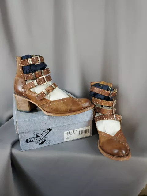Freebird Boots Womens 9 Felicity Buckles Studded Block Heel Shoes Cognac Booties