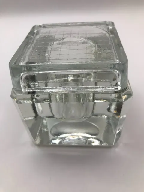 Vintage heavy clear glass Art Deco square inkwell, square etched grid lid 2"