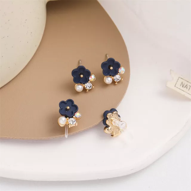 Fashion Silver Needle Blue Flower Pearl Studs Earrings Women Jewelry Accessries