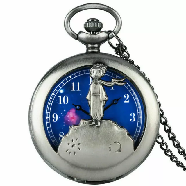 The Little Prince Planet Boy Blue Quartz Pocket Watch Half Hunter Necklace Gift