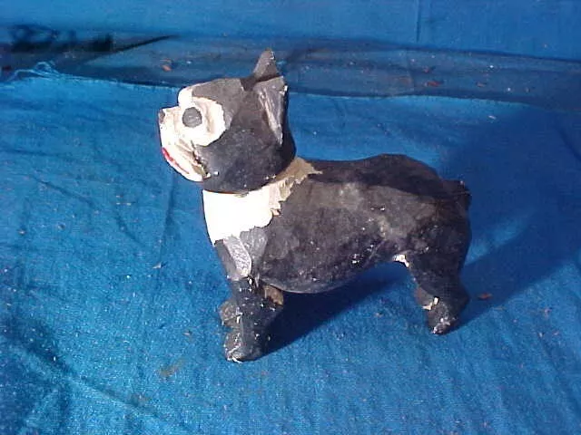 Orig 1920s FOLK ART Hand CARVED + PAINTED Small BOSTON TERRIER DOG Wood Figure