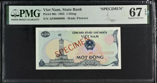 Vietnam - Specimen 1 Dong 1985 PICK# 90s PMG: 67 EPQ GEM UNC. #PL2410