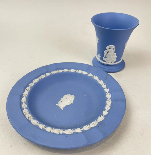 Wedgwood Blue White Plate Small Vase Jasper Ware Vintage M226