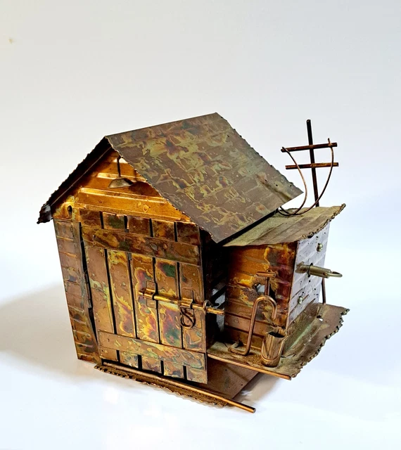 VINTAGE COPPER/TIN ANIMATED music box barn with revolving stage coach