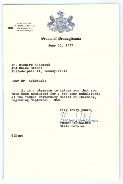 PA Senate Nomination Letter From Original Letterhead With Envelope 1959    e1-19