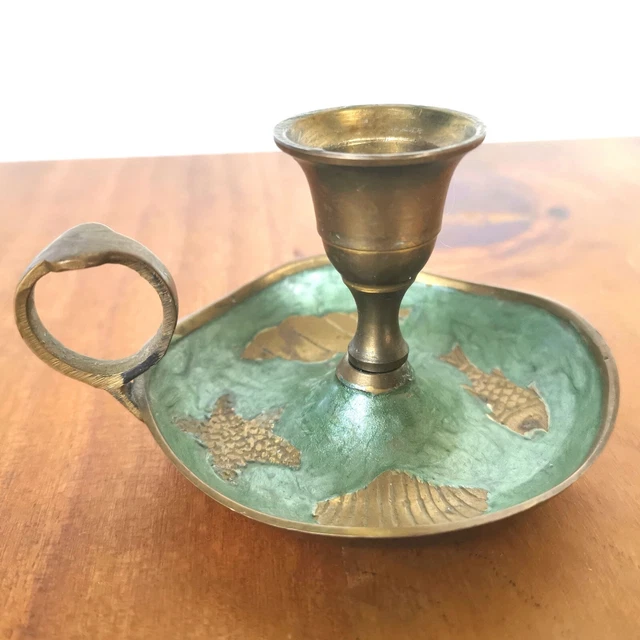 Small Brass and Enamel Cloisonne Candle Holder Seaside Theme Shells Starfish