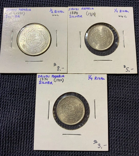 Lot of 3 Saudi Arabia Silver coins - 1935 1/2 Riyal & 2 1954 1/4 Reyal