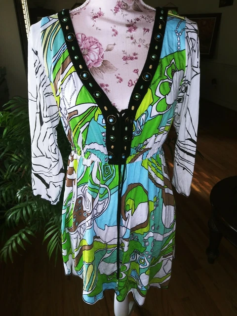 Krista Lee 60s Abstract Print Beaded Tie Neck 3/4 Sleeve  Tunic Blouse Size XL
