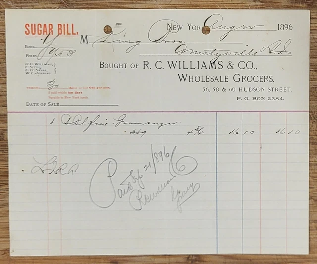 1896 Billhead New York City RC Williams Wholesale Grocers