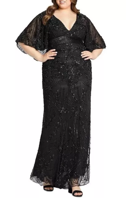 MAC DUGGAL Gown Plus Size 22 Black Sequin Beaded Cape Overlay Long Dress $598