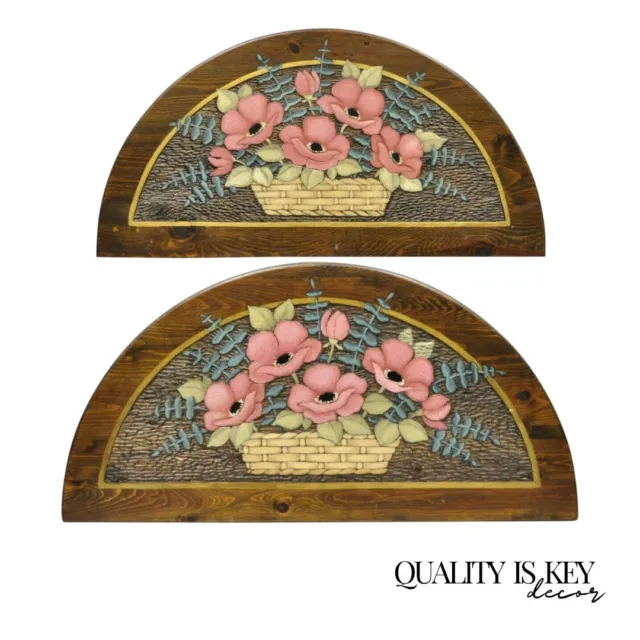 Hand Carved Country French Pine Flower Bouquet Wall Art Panel Plaque - a Pair