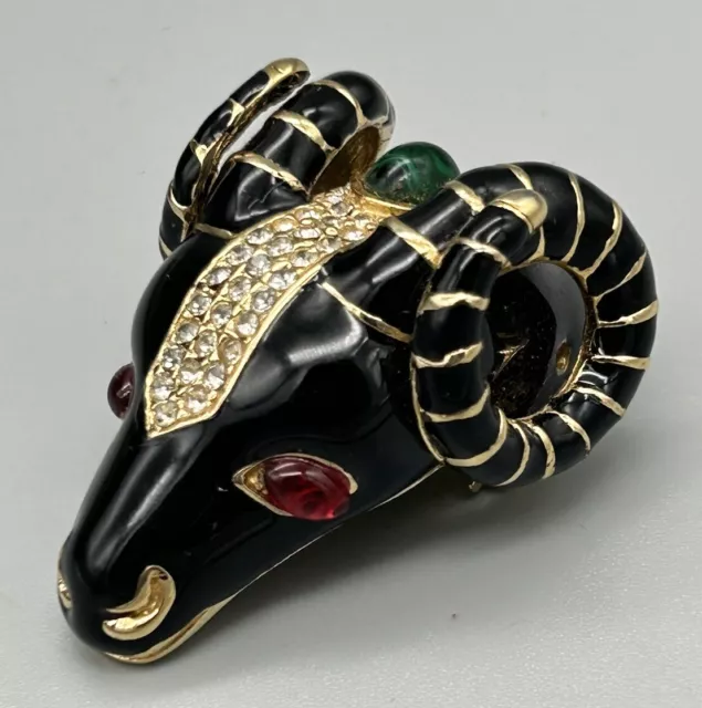 Vintage Rare Signed CINER Ram Aries Head Form Glass Jeweled Black Enamel Brooch