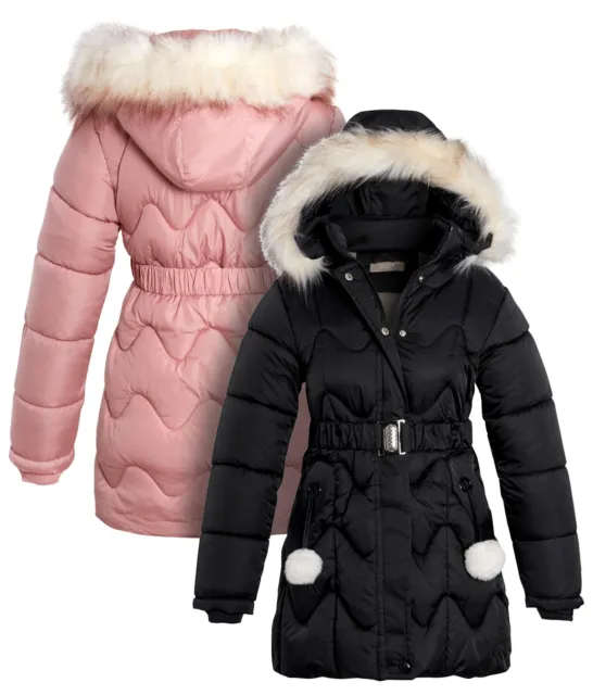 Girls Quilted Jacket Padded Coat Black Faux Fur Pink Age 10 9 8 13 7 4 6 Years