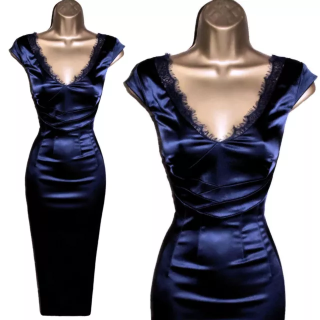 Karen Millen UK 10 (US 6) VINTAGE DARK BLUE SATIN WIGGLE PENCIL DRESS RRP £150