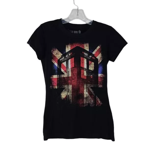 Doctor Who Women's Phonebooth T-Shirt Size Medium Black Front Print British Flag