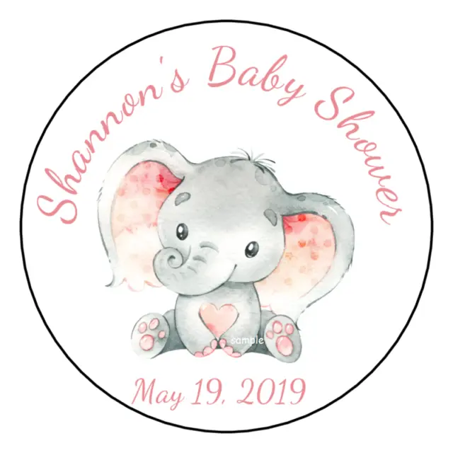 12 Personalized Pink Baby Elephant Baby Shower Stickers Favors Labels tags 2.5"