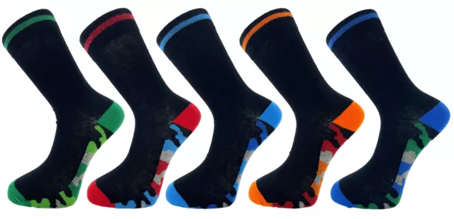 5 Pairs Mens Cotton Rich Black Socks with Multicoloured Camo Soles