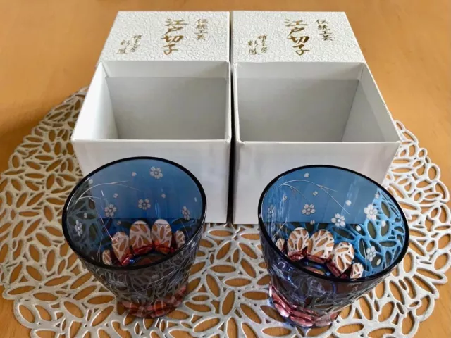 Saiho Edo Kiriko Sakura Pattern Mini Old Set of 2 from Japan Used Mint