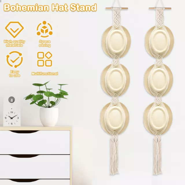 2Pcs Macrame Hat Hanger 3 Tier Hanging Baseball Hat Rack Decorative aui