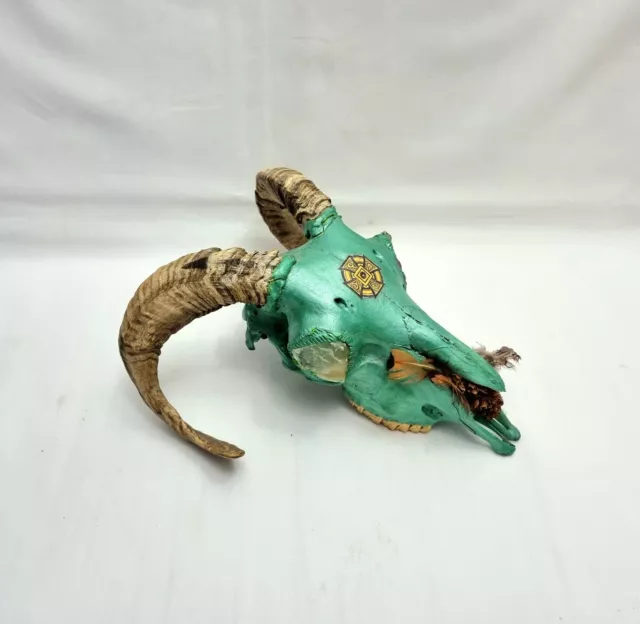 Vintage Pagan ram's skull painted metallic green & decorated with crystal eyes. 3