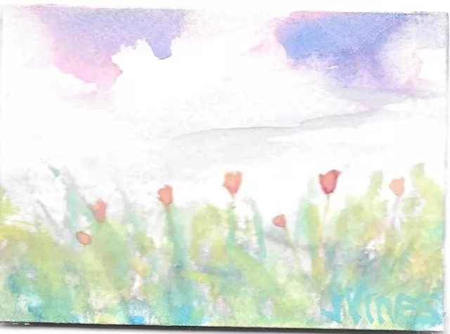 SPRING Original Watercolor Floral Painting Landscape ACEO ART 2.5x3.5in mini SFA