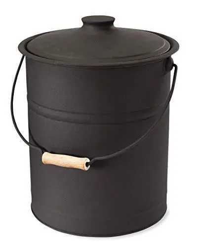 Plow & Hearth 3 Gallon Black Large Ash Bucket with Lid and Wood Handle | 28