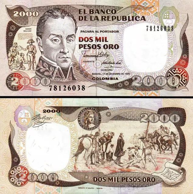 Colombia 2000 pesos oro 17-12-1990, unc-, p-433c