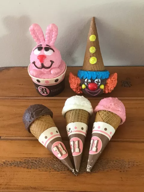 Vtg Baskin Robbins Realistic Fake Play Food  ✿ 3 Ice Cream Cones + Clown + Bunny