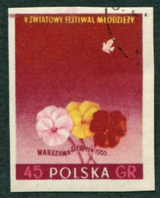 POLAND 1955 45g lake, magenta & yellow SG929 used FG IMPERF Youth Festival ##W7