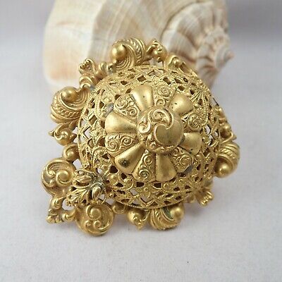 Victorian Brass Multi Layered Ornate Repousse Gold Tone Pin Brooch Fur Clip