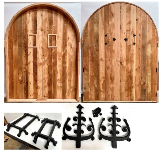 Rustic reclaimed lumber 70-100 yr old Doug Fir Double arched door fancy hardware