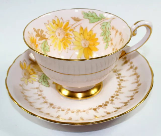 Tuscan Bone China England Yellow Flower Trim Tea Cup & Saucer Vintage MINT