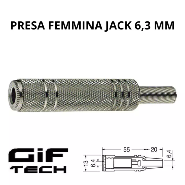 Connettore Jack Femmina Mono O Stereo 6.35 Mm In Metallo Plug Presa F 1/4 Nickel