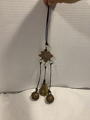 VTG solid brass String Of bells on a leather string nice sound Hanging Chimes
