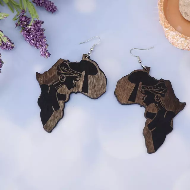 Vintage Ethnic Natural Wood African Map Lady Figure Tribal Club Earrings