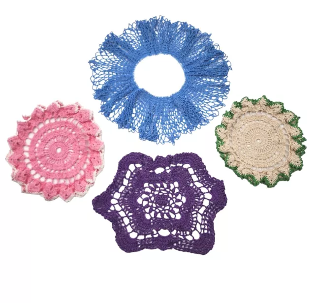 Vintage Hand Crocheted Doily Lot Colorful Pink Green Blue Purple Set Of 4