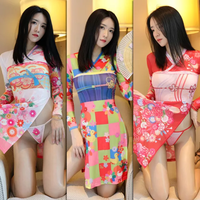 Women Sexy Lingerie Set Japanese Kimono Uniform Costume Floral Blossom Nightwear
